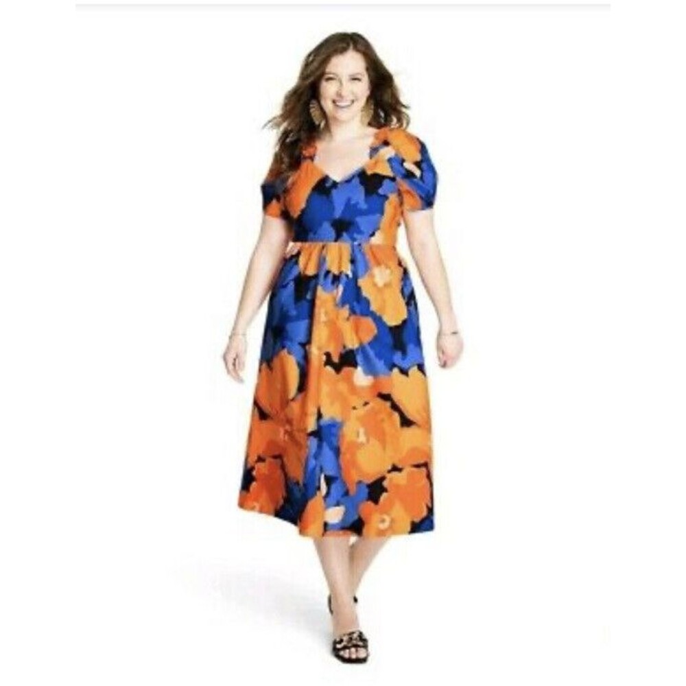 Tabitha Brown Orange/Blue Puff Sleeve Tie Back Midi Dress Floral Sz 16/18W